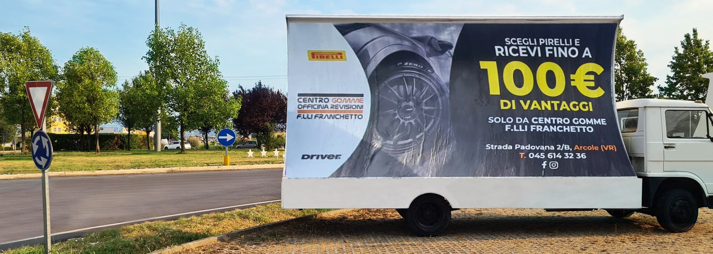 camion vela pubblicitario per la campagna firmata Pirelli per Centro Gomme F.lli Franchetto